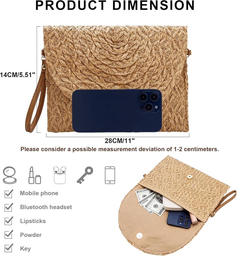 Gets Straw Clutch Purse for Women, Woven Beach Bag Summer Corssbody Purse Small Rattan Shoulder Bag for Travel | Hand-woven, Summer Beach, Envelope, Hand-woven, Summer Beach, Envelope - Image 2
